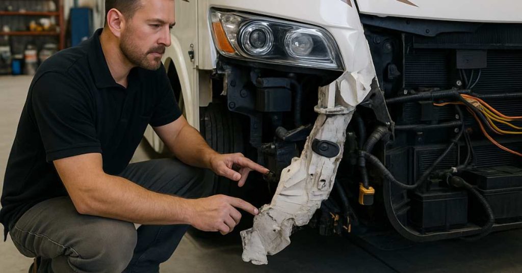 Technician repairing front-end RV collision with frame rack