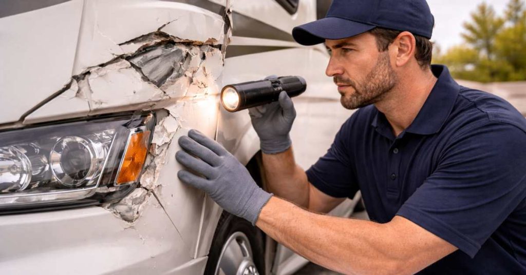 Technician inspecting RV fiberglass damage after collision to identify cracks and structural issues