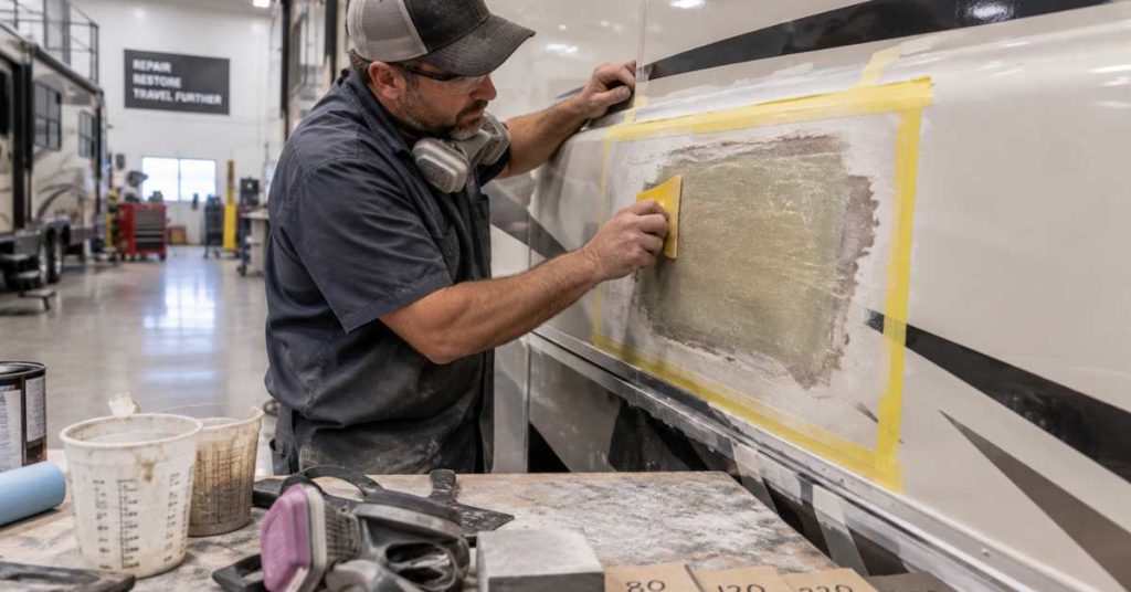 Professional RV body shop fiberglass repair before sanding, priming and painting
